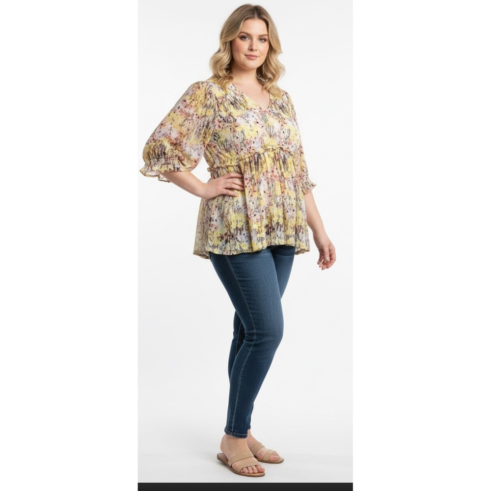 Cato Floral Print V Neck Smocked Waist Flutter Sleeve Blouse Top Yellow L